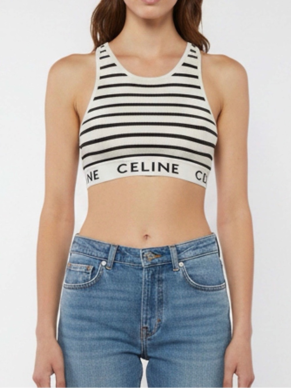 Celine Black & White Striped Ribbed Racer Crop Top